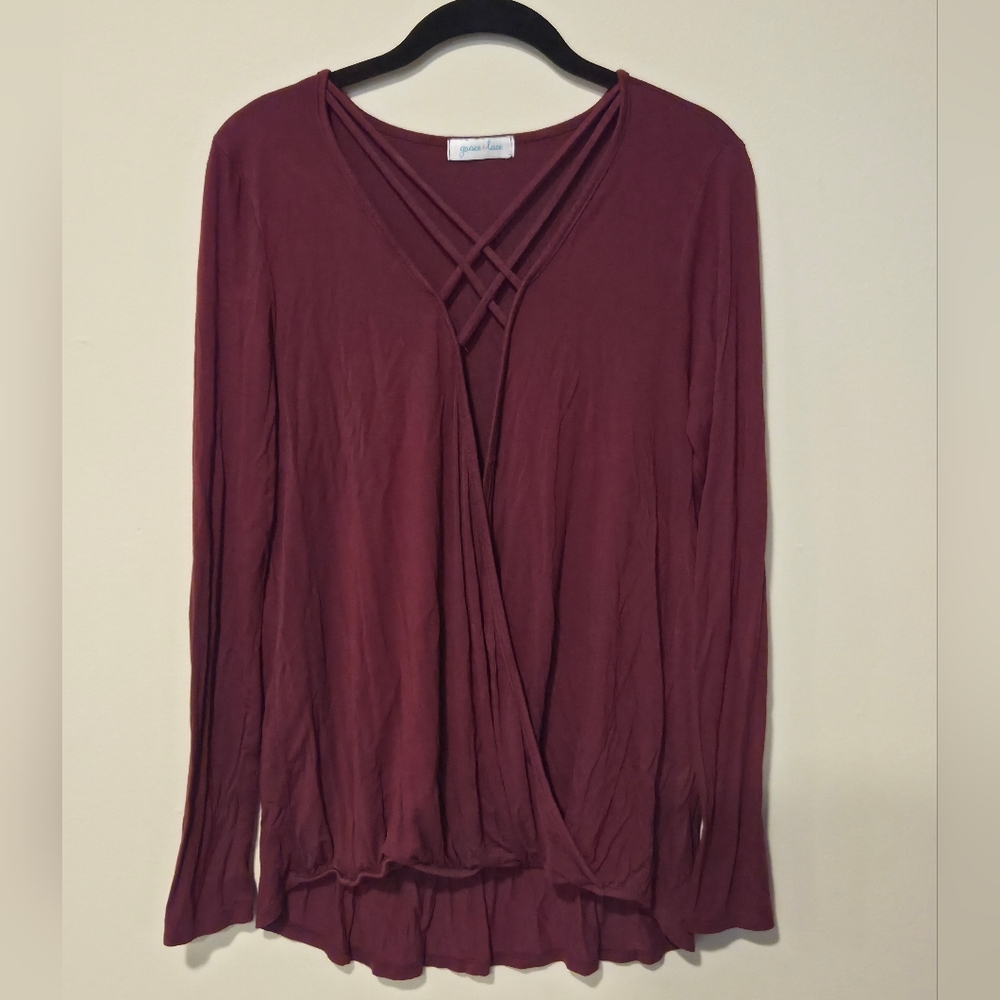 Grace & Lace Bergundy Deep Cross-Front Blouse Size S/M